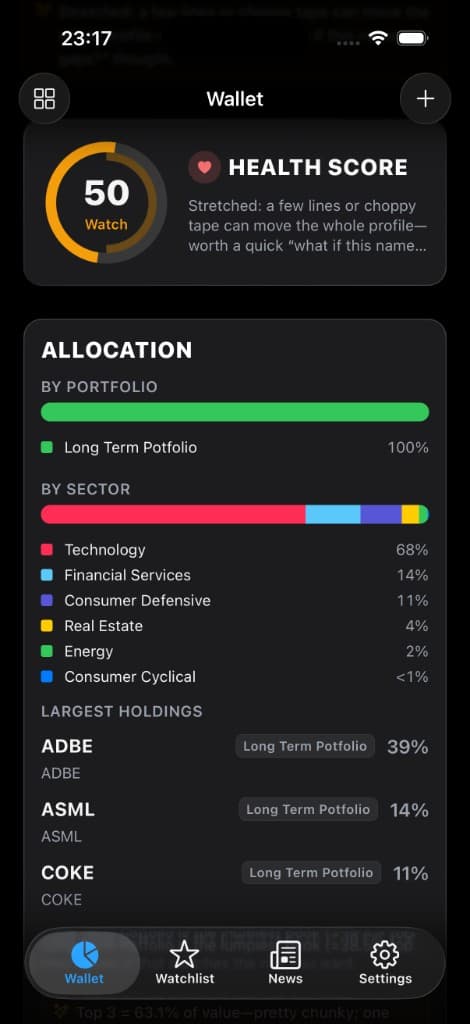 Portfolio view with allocation and performance.